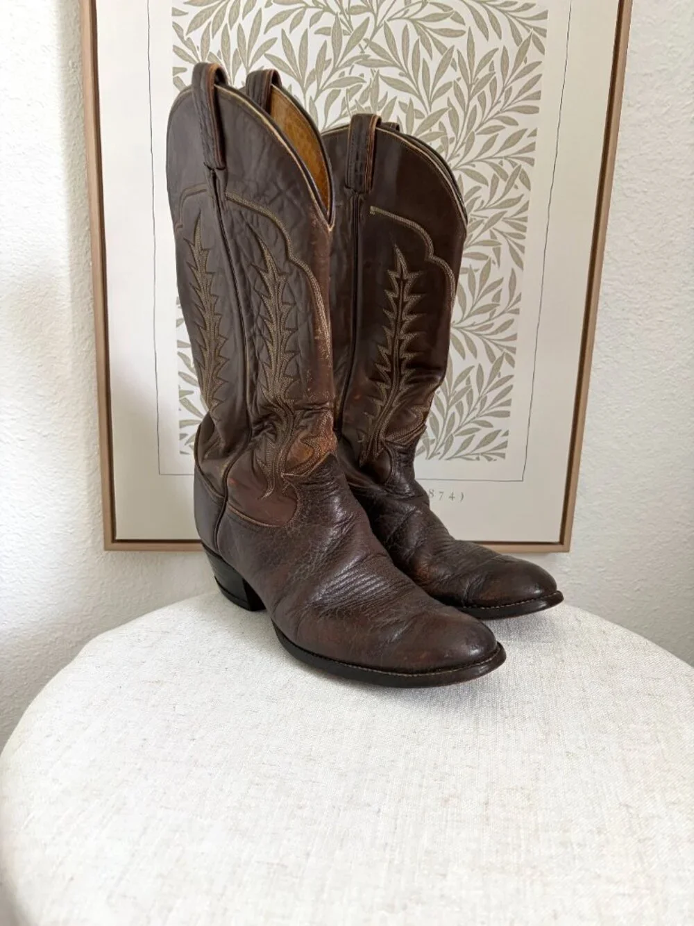 Vintage Tony Lama Cowboy Boots | Brown Leather Leaf Stitch, Size 11
